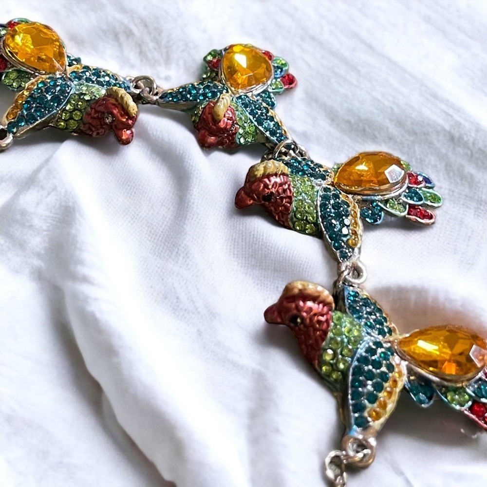 Vintage Gorgeous Beaded Bird Necklace and Earring Jewelry Set with Rhinestones